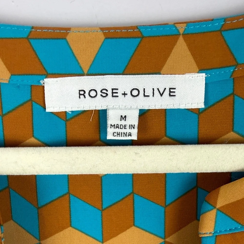 Rose & Olive Vibrant Multicolor Geometric Long Sleeve Cuff Hem Detail Med Blouse - Picture 3 of 11